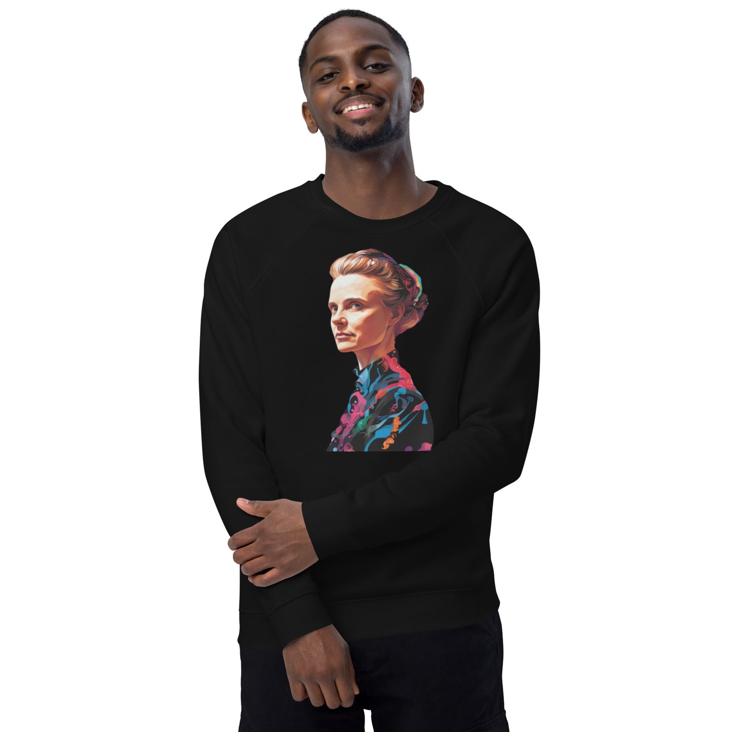 Sweatshirt écologique raglan unisexe : Marie Curie, rayonnement scientifique