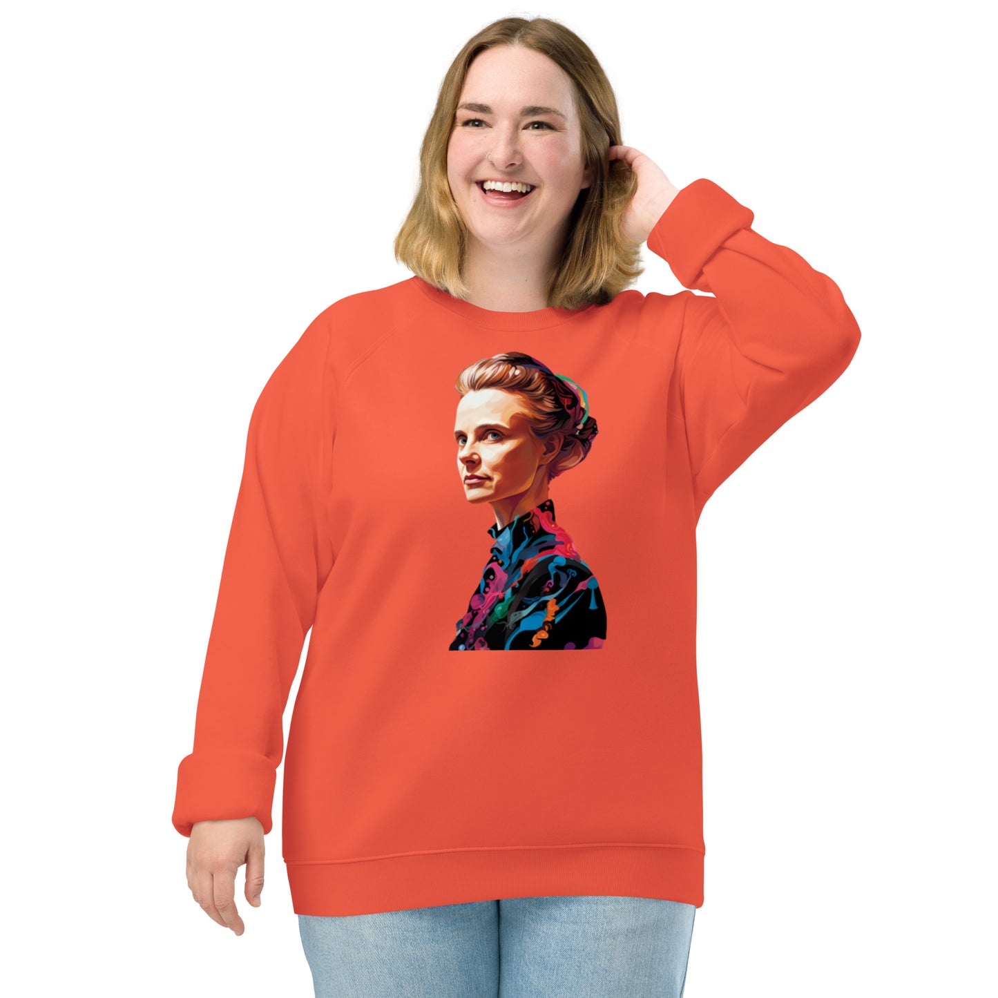 Sweatshirt écologique raglan unisexe : Marie Curie, rayonnement scientifique