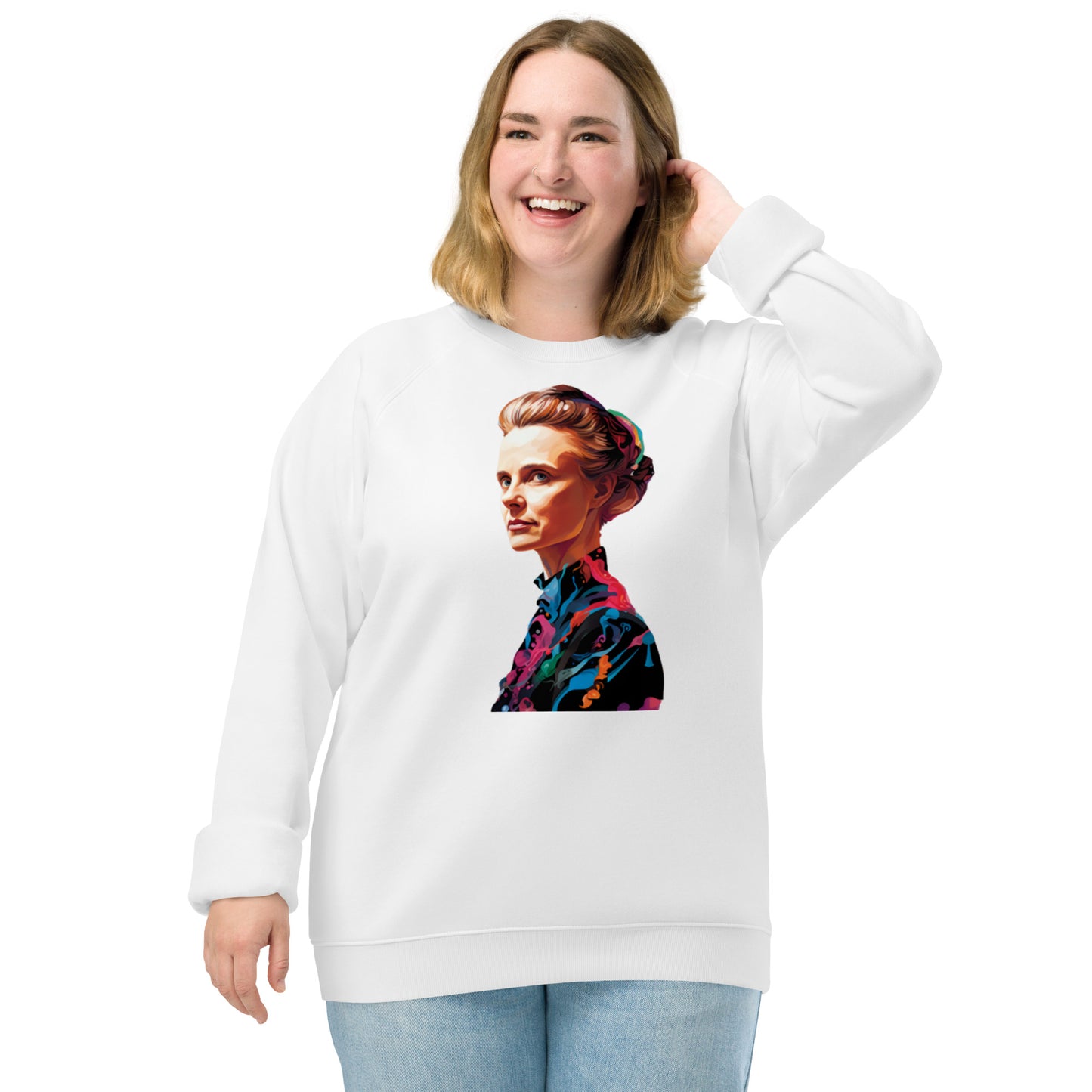 Sweatshirt écologique raglan unisexe : Marie Curie, rayonnement scientifique