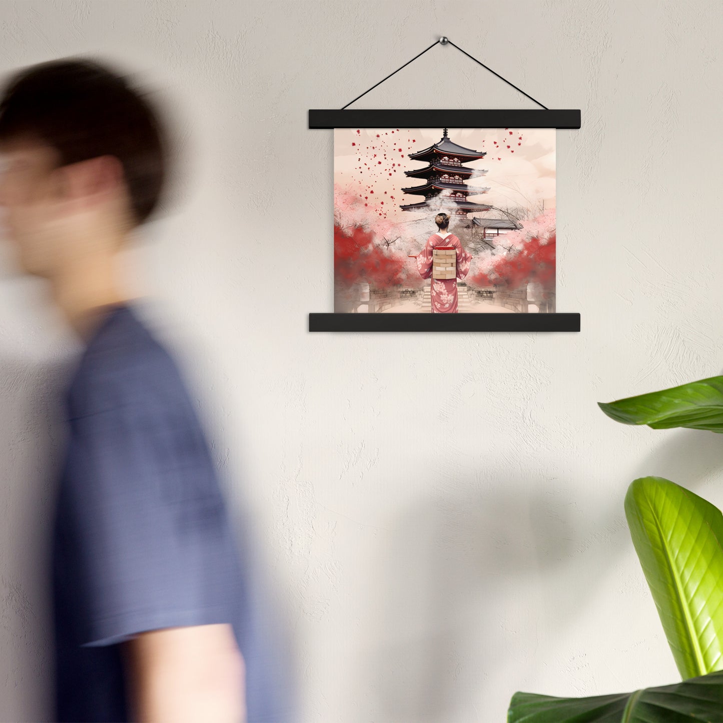 Poster avec accroches : Kyoto, Geisha en rose