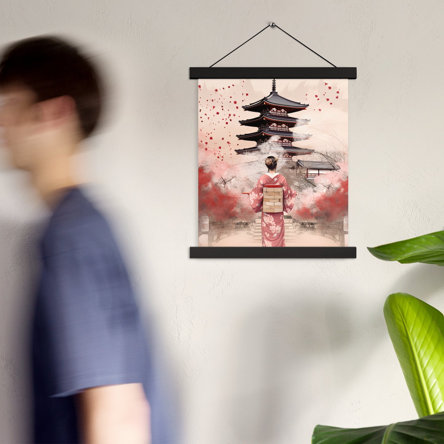 Poster avec accroches : Kyoto, Geisha en rose