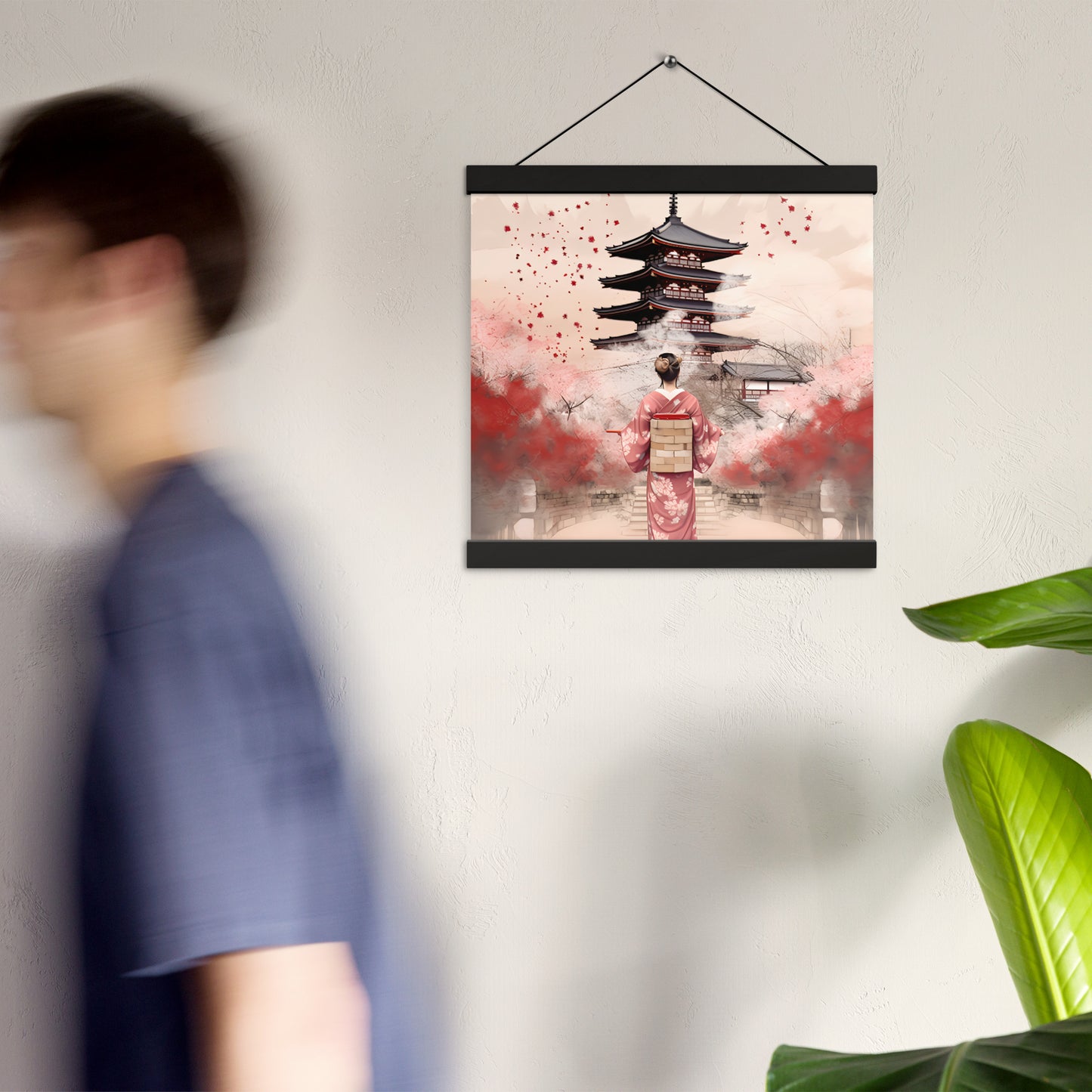 Poster avec accroches : Kyoto, Geisha en rose