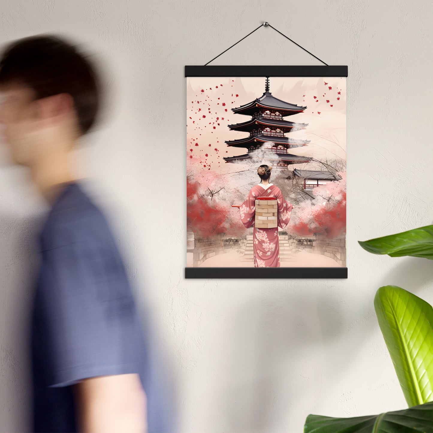 Poster avec accroches : Kyoto, Geisha en rose