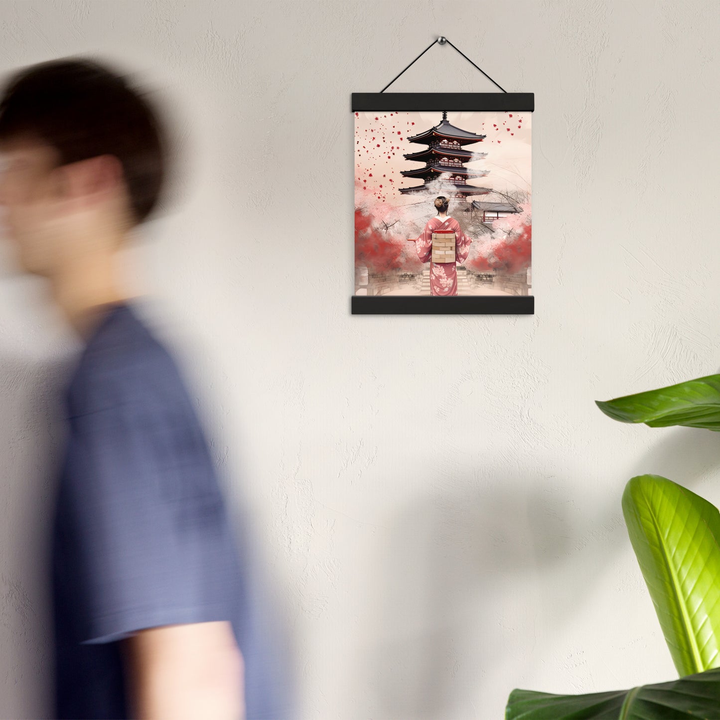 Poster avec accroches : Kyoto, Geisha en rose